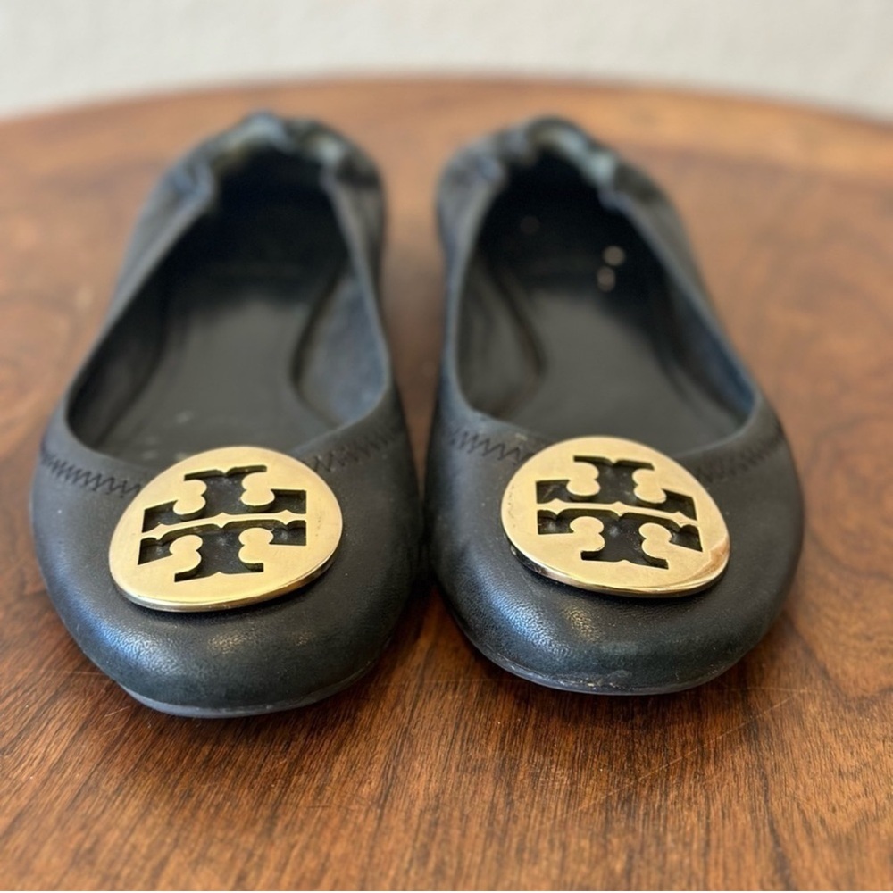 Tory Burch Reva flats- black and gold leather